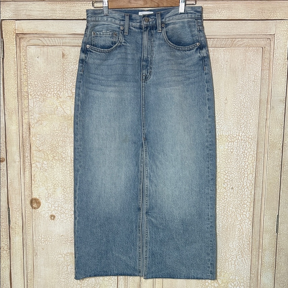 Pistola Alice Denim Midi Skirt 28 Front Slit Raw Hem